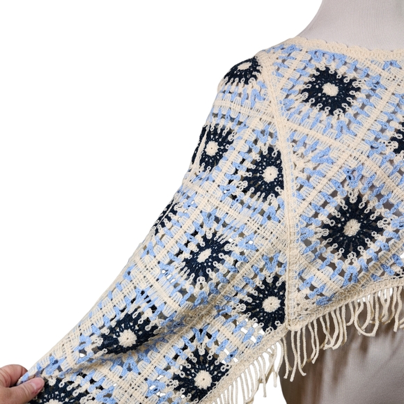 House of Harlow 1960 Blue and Cream Fringe Sweater - Picture 4 of 8